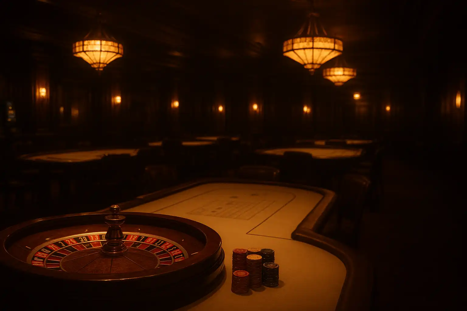 Tavolo da club casinò vintage con carte, chips e luce dorata