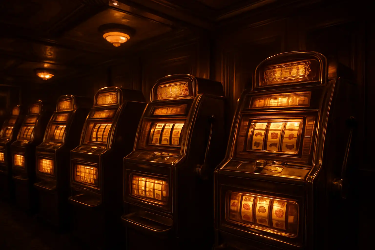 File di slot machine illuminate in una sala casinò vintage